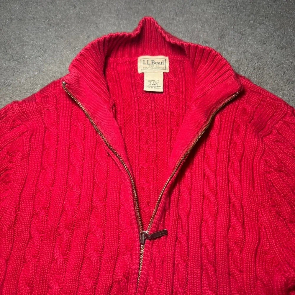 Vintage LL Bean Red Cable Knit Zip Sweater Womens Small Hong Kong Cotton